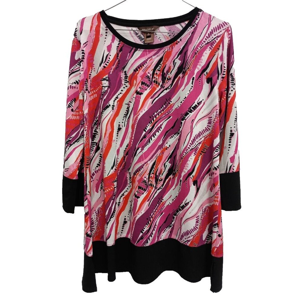 Multiples Wearable Art Tunic Top Womens Small Pink Black Abstract‎ 3/4 Sleeve